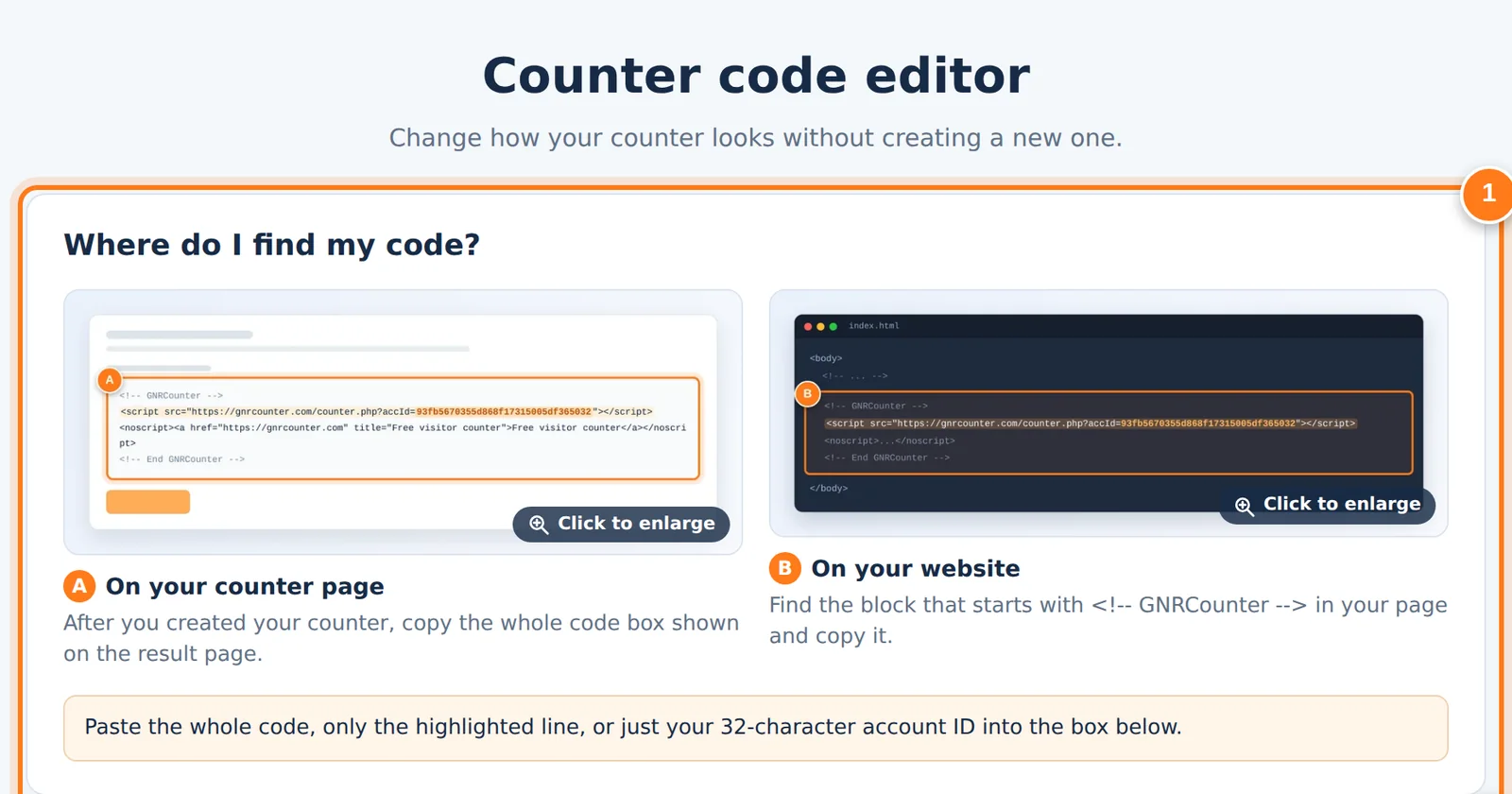 Der GNRCounter-Zählercode-Editor mit dem Bereich zum Finden des Codes und dem Feld zum Einfügen