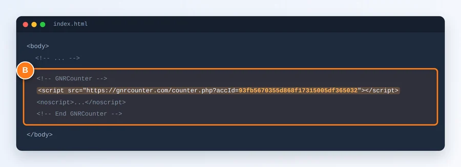 Der hervorgehobene Zählercode im HTML einer Website