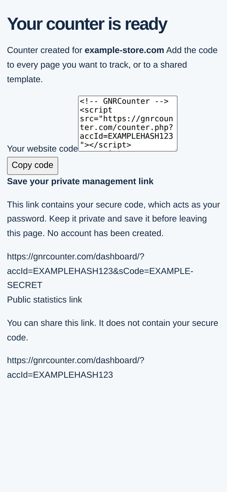 Der Ergebnisbildschirm auf einem Smartphone mit Code und Links