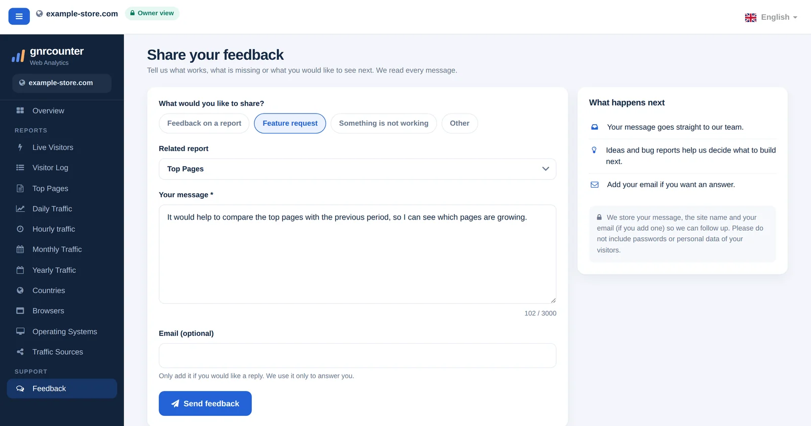 Die GNRCounter-Seite Feedback mit dem Nachrichtenformular samt Nachrichtentyp, zugehörigem Bericht, Nachricht und E-Mail, mit Beispieldaten