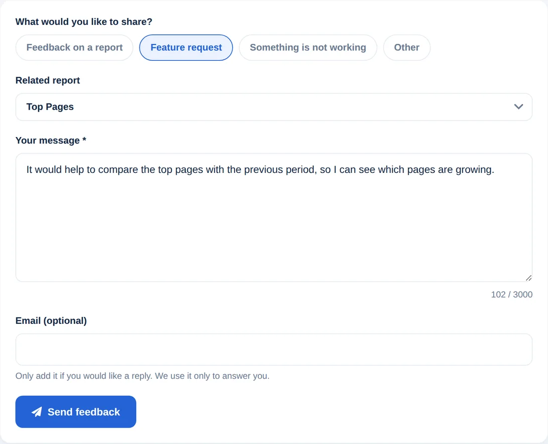 Das Feedbackformular mit Nachrichtentyp, zugehörigem Bericht, Nachricht und E-Mail