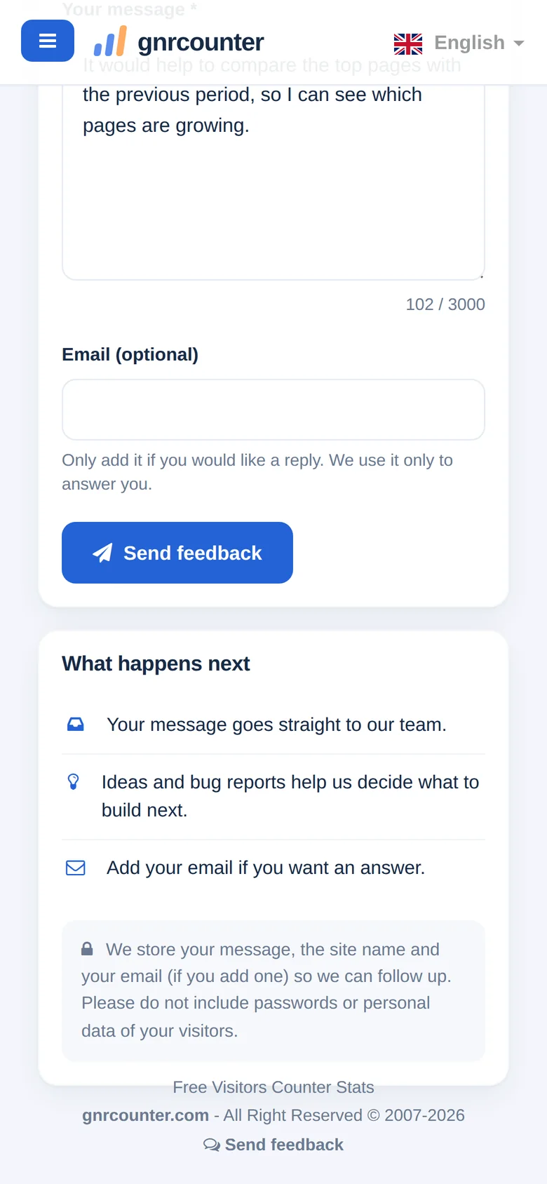 Die Feedback-Seite auf einem Smartphone, nach unten gescrollt zum E-Mail-Feld und zur Senden-Schaltfläche