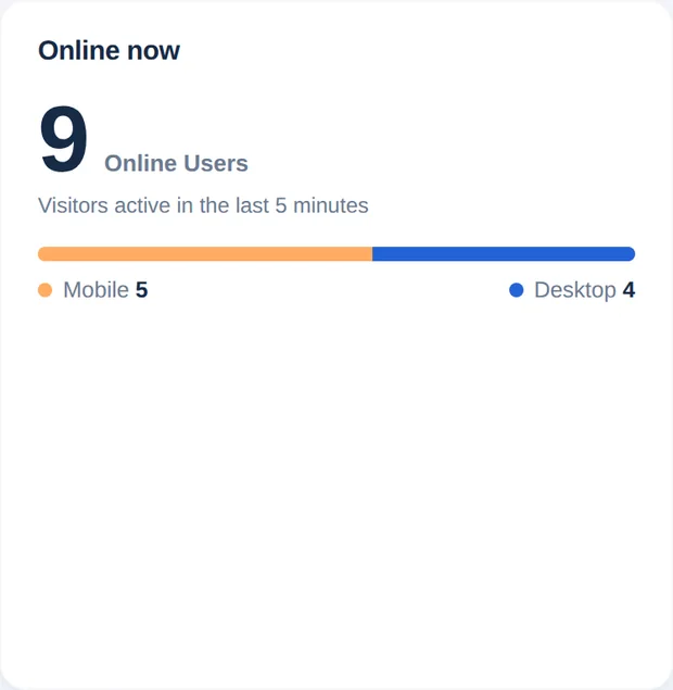 Karte „Jetzt online“ mit 9 Online-Nutzern und Aufteilung in Mobil und Desktop